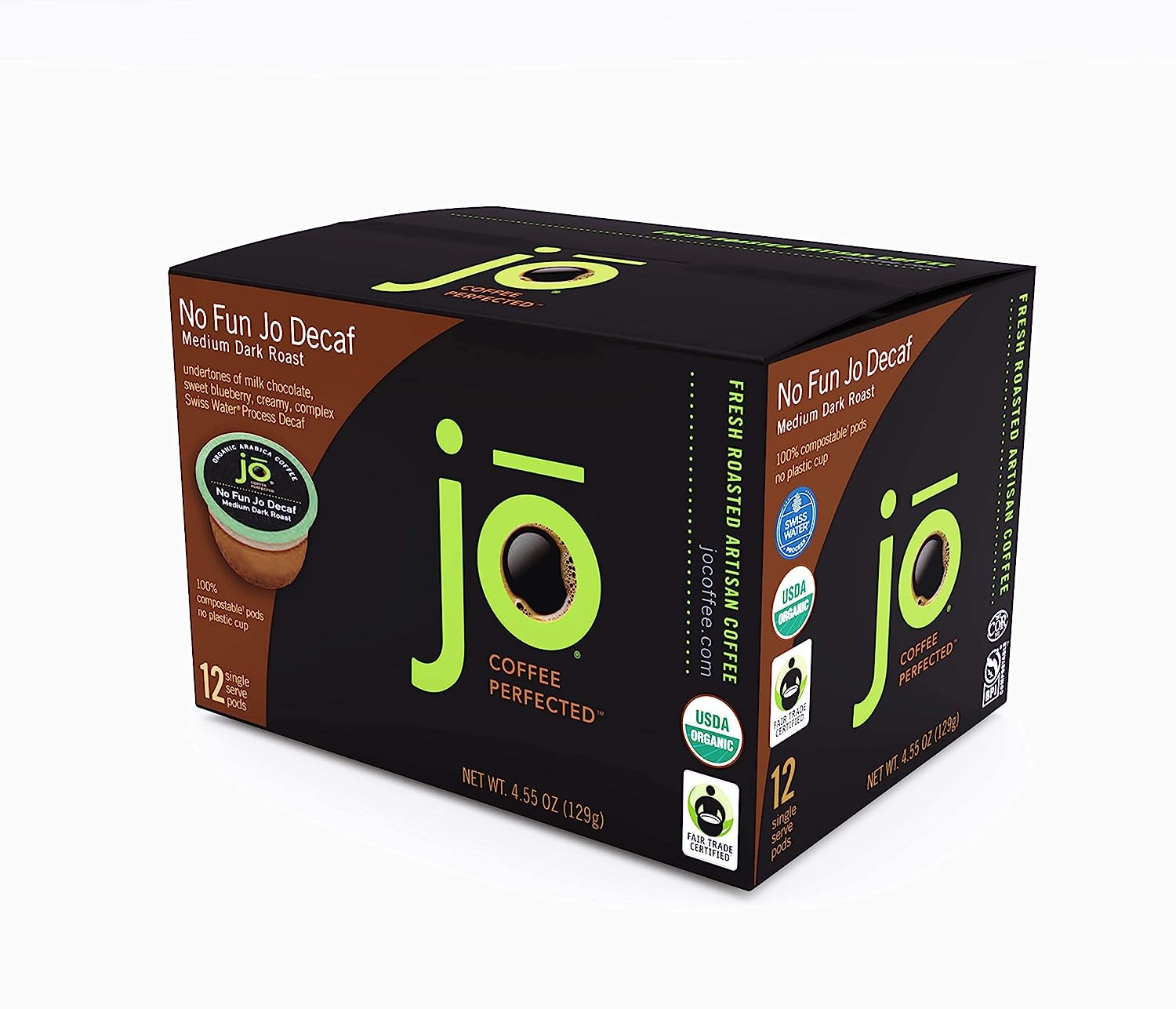 No Fun Jo Decaf: 12 Organic Compostable Pods for Keurig K-Cup Compatible Brewers, Swiss Water Process Single Serve Coffee Medium/Dark Roast Fair Trade