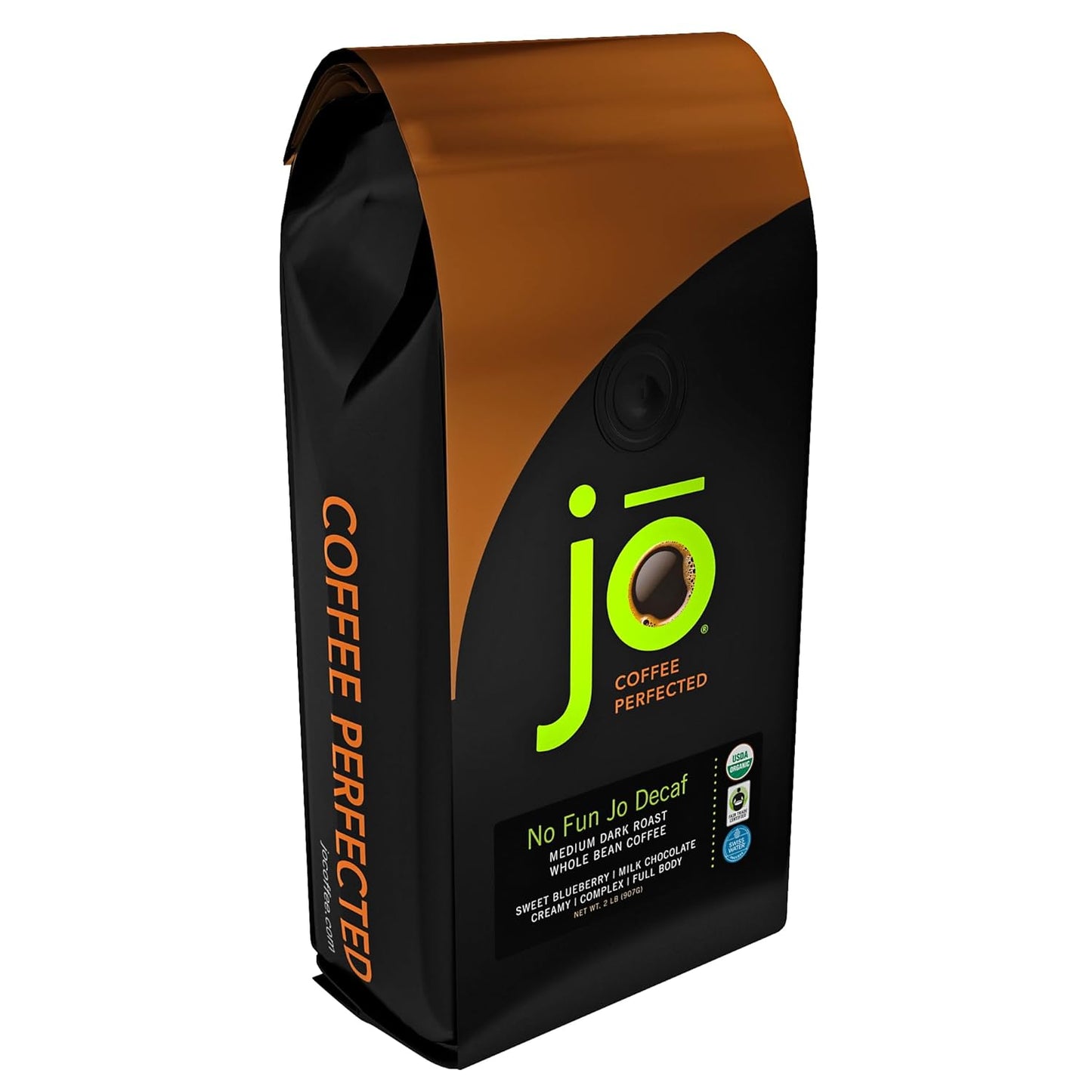 NO FUN JO DECAF: 2 Lb, Organic Decaf Coffee, Whole Bean, Swiss Water Process, Fair Trade Certified, Medium Dark Roast, 100% Arabica Coffee, Certified Organic, Chemical Free Gluten Free, Decaf Espresso