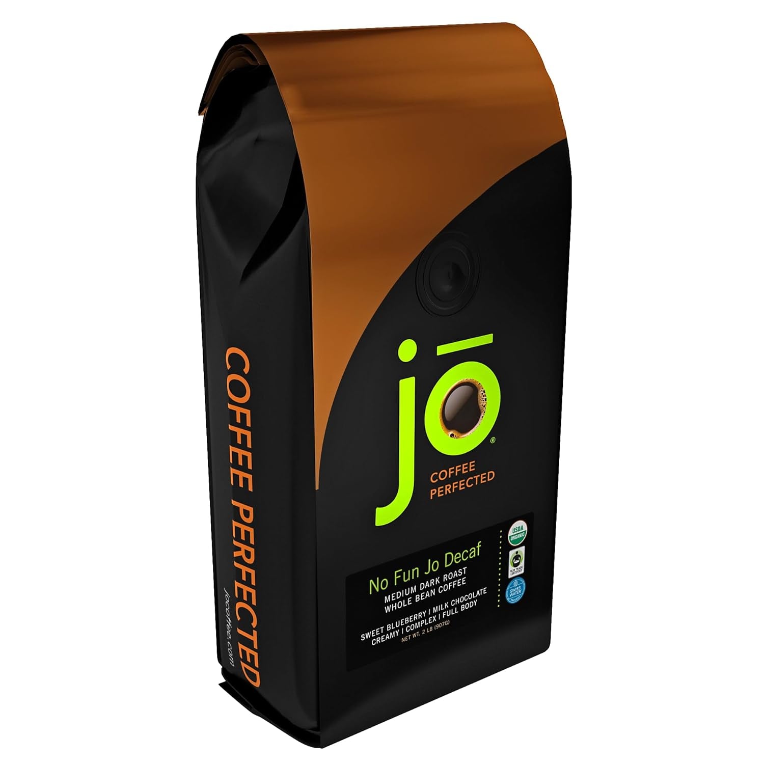 NO FUN JO DECAF: 2 Lb, Organic Decaf Coffee, Whole Bean, Swiss Water Process, Fair Trade Certified, Medium Dark Roast, 100% Arabica Coffee, Certified Organic, Chemical Free Gluten Free, Decaf Espresso