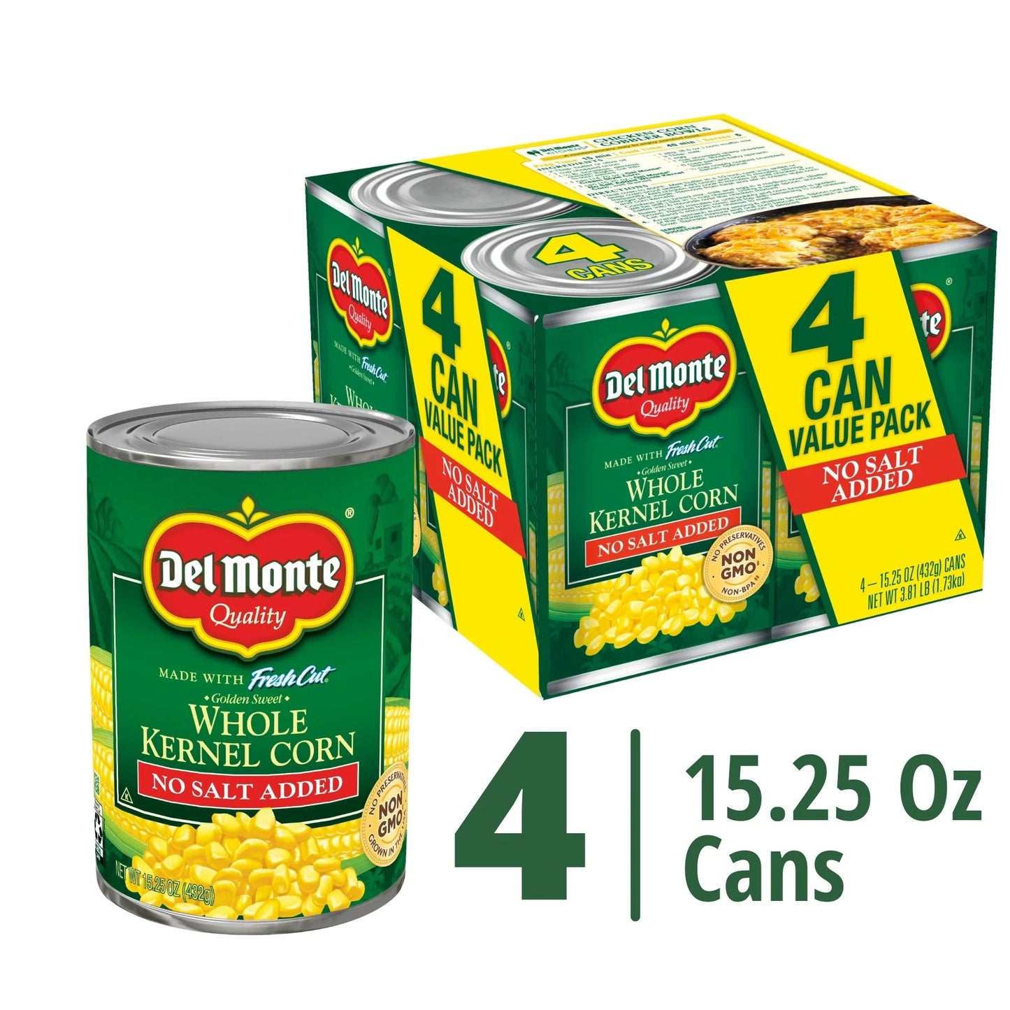 (4 Cans)  Whole Kernel Corn, No Salt, 15.25 Oz