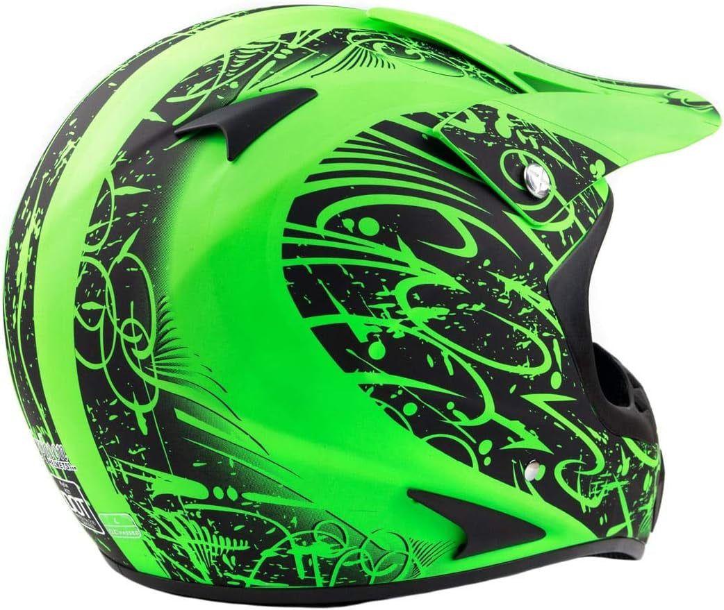 Adult Offroad Helmet Goggles Gloves Chest Protector GEAR COMBO Motocross ATV Dirt Bike Fluo GREEN (Large)