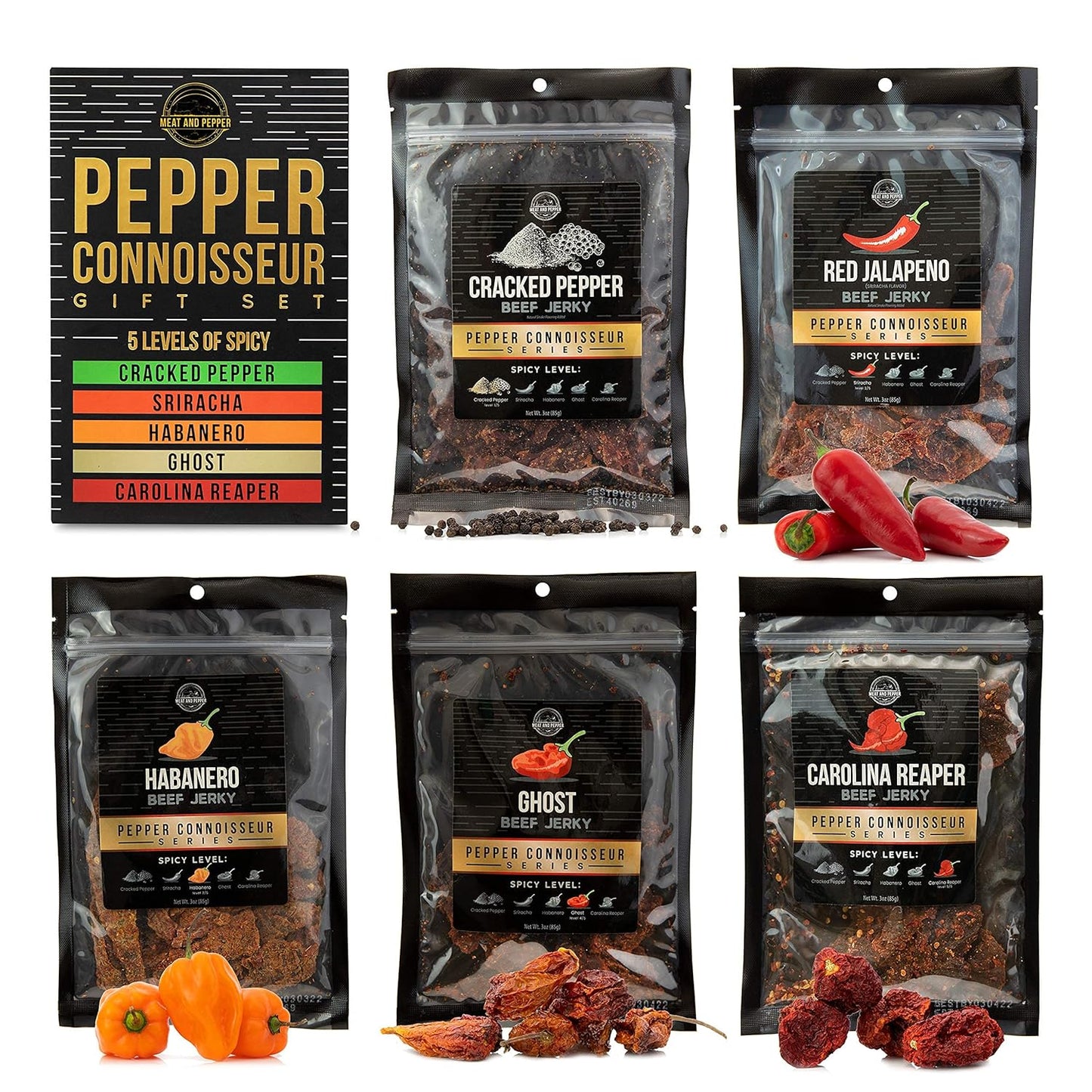 Gourmet Brisket Beef Jerky Pepper Connoisseur Series - Traditional & Exotic Spicy Flavor Variety Gift Bundle - High Protein Beef Snack - Old Fashioned Recipe Made in USA (Pepper Connoisseur Gift Set - 5 Flavors, 15 Oz)