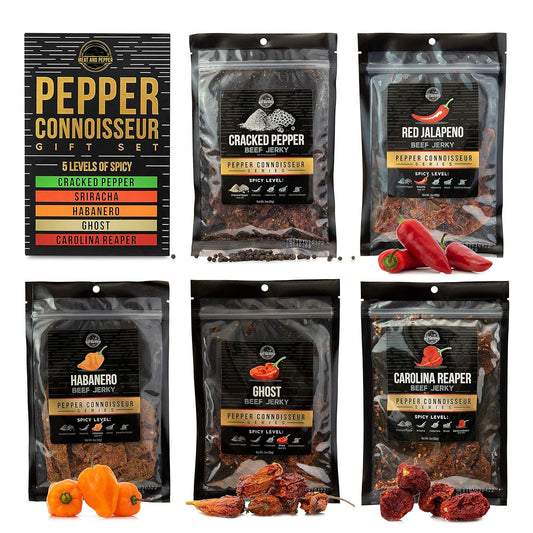 Gourmet Brisket Beef Jerky Pepper Connoisseur Series - Traditional & Exotic Spicy Flavor Variety Gift Bundle - High Protein Beef Snack - Old Fashioned Recipe Made in USA (Pepper Connoisseur Gift Set - 5 Flavors, 15 Oz)