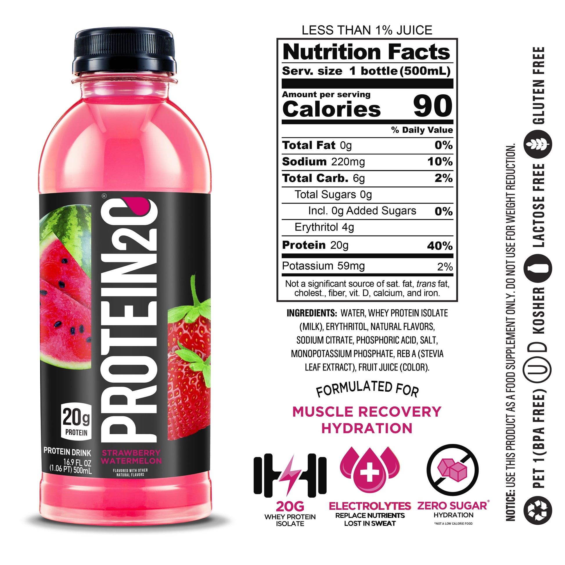 20G Whey Protein Infused Water plus Electrolytes, Strawberry Watermelon, 16.9 Fl Oz (Pack of 12)