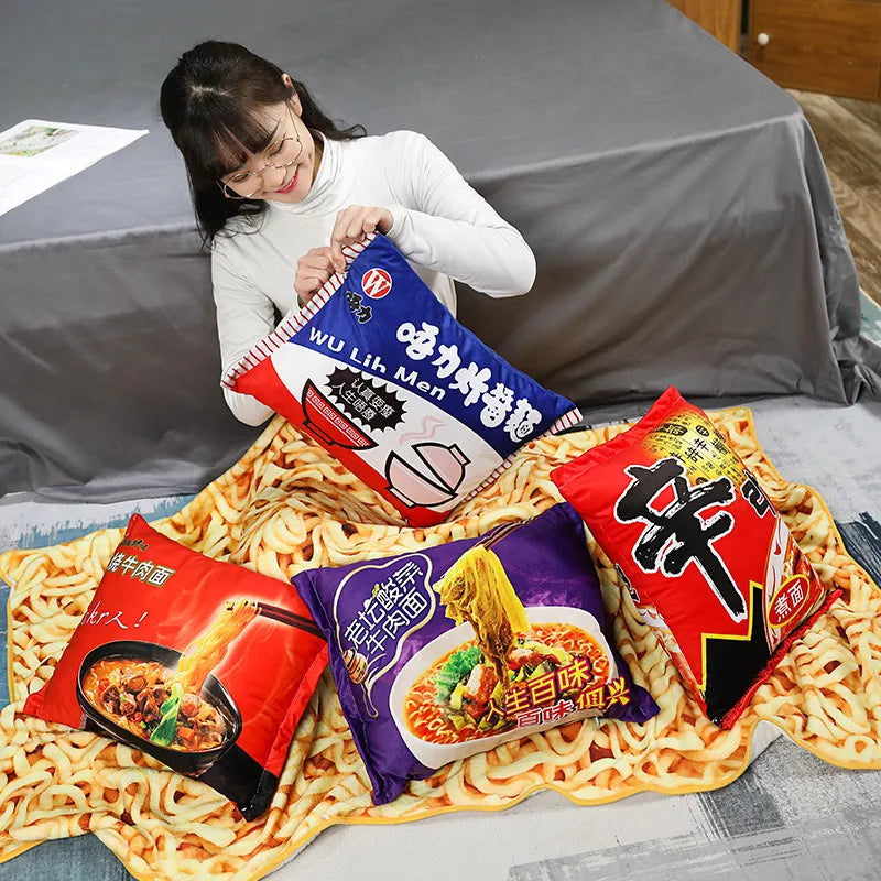 Simulation Instant Noodles Plush Pillow with Blanket Stuffed Braised Beef/Lao Tan Sauerkraut Beef/Fried Noodles Shin Ramen Gifts