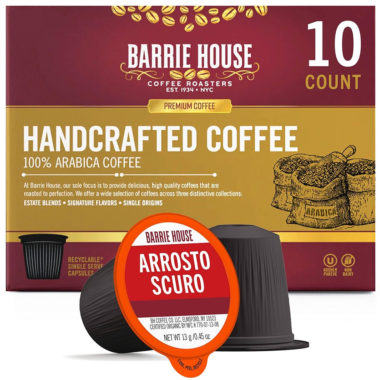 Arrosto Scuro Italian Roast Single Serve Coffee Pods, 10 Pack | Fair Trade Organic Small Batch Artisan Coffee in Convenient Single Cup Capsules | Compatible with Keurig K Cup Brewers |