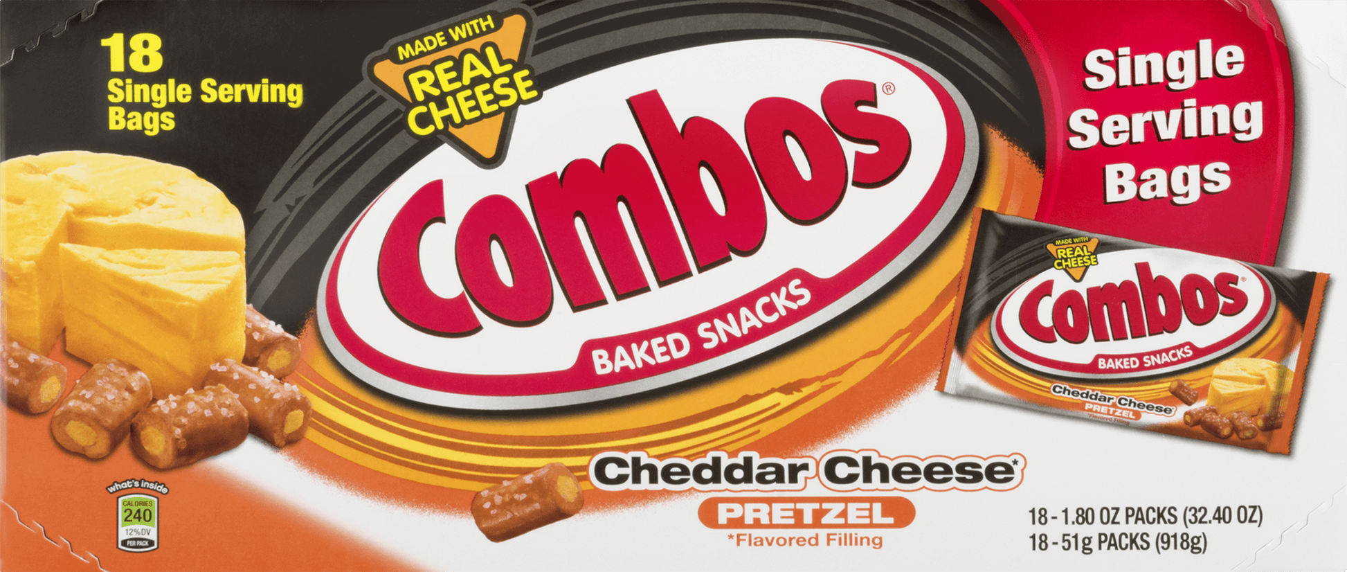 Combos Cheddar Cheese Pretzel Baked Snacks, 1.8 Oz (18 Pack)