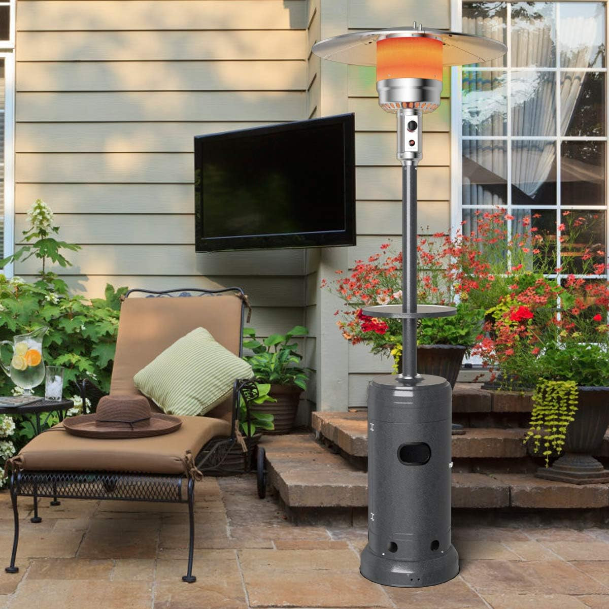 48000 BTU Patio Heater with Cover, Porch Propane Heater with Wheels, Shelf Tabletop, Auto Shut off & Tip-Over Protection, 87 Inches Tall Floor Standing Outdoor Heaters for Patio