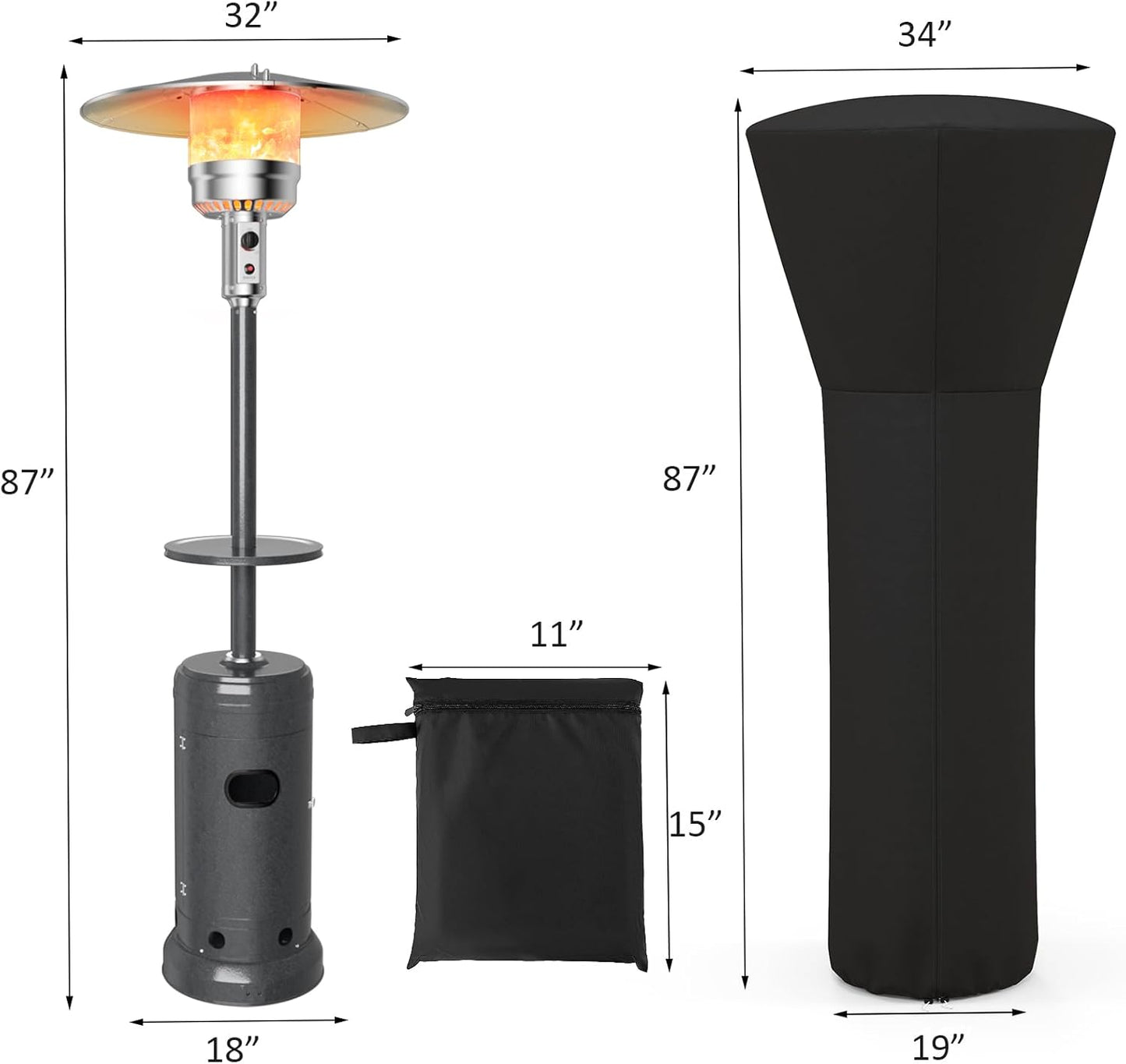 48000 BTU Patio Heater with Cover, Porch Propane Heater with Wheels, Shelf Tabletop, Auto Shut off & Tip-Over Protection, 87 Inches Tall Floor Standing Outdoor Heaters for Patio