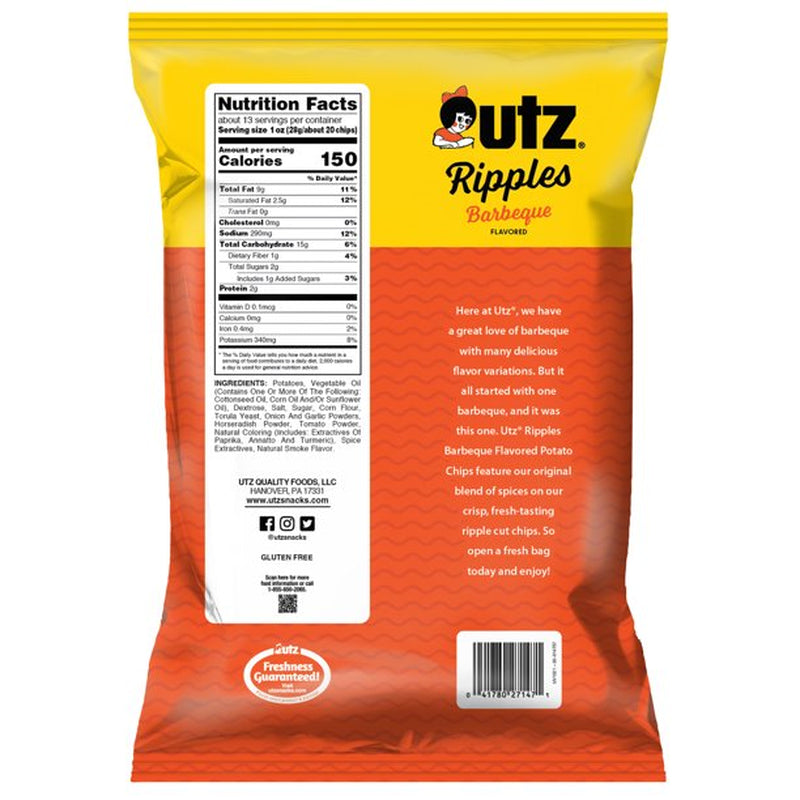 Utz Ripples Barbeque Potato Chips, 12.5 Oz. Party Size Bags