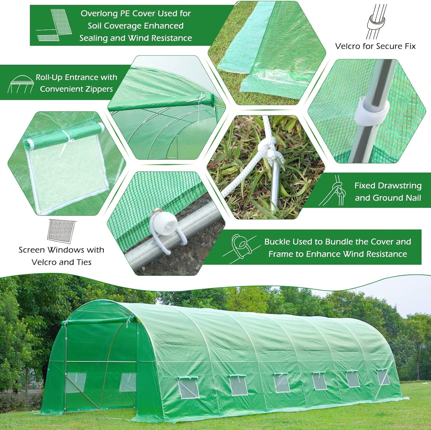 26' X 10' X 6.6' Greenhouse Large Gardening Plant Green House Hot House Portable Walking in Tunnel Tent,Green