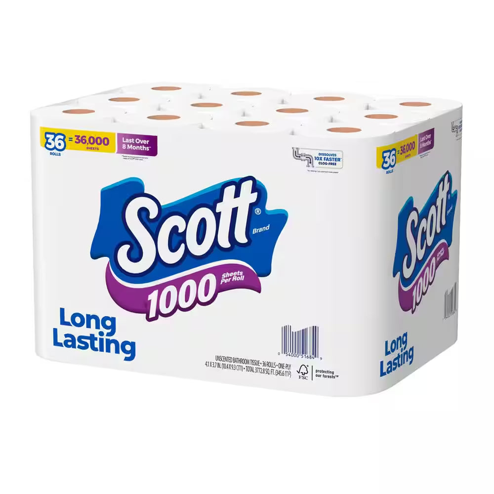 1-Ply White 1000-Sheet Toilet Paper(1000 Sheets per Roll 36 Rolls per Pack)