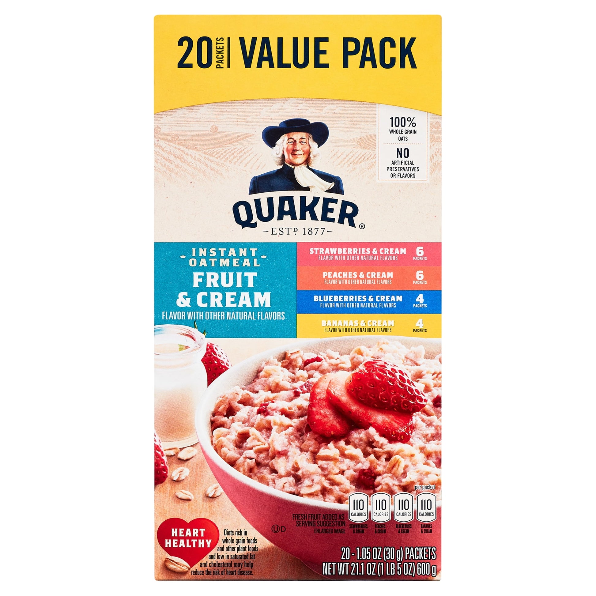 Instant Oatmeal, Fruit & Cream Variety Pack, Quick Cook Oatmeal, 1.1 Oz Packets, 20 Pack