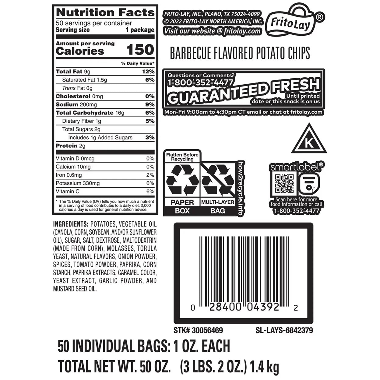 Lay' Barbecue Potato Chips 1 Oz, 50 Count Bags