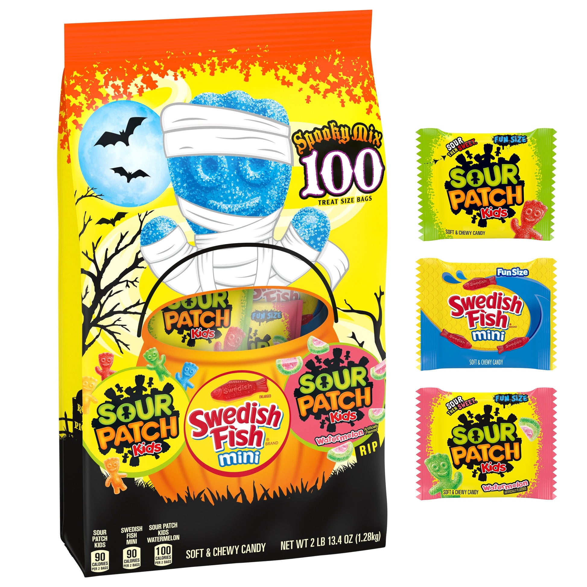 SOUR PATCH KIDS & SWEDISH FISH Mini Halloween Candy Variety Pack, 100 Trick or Treat Bags