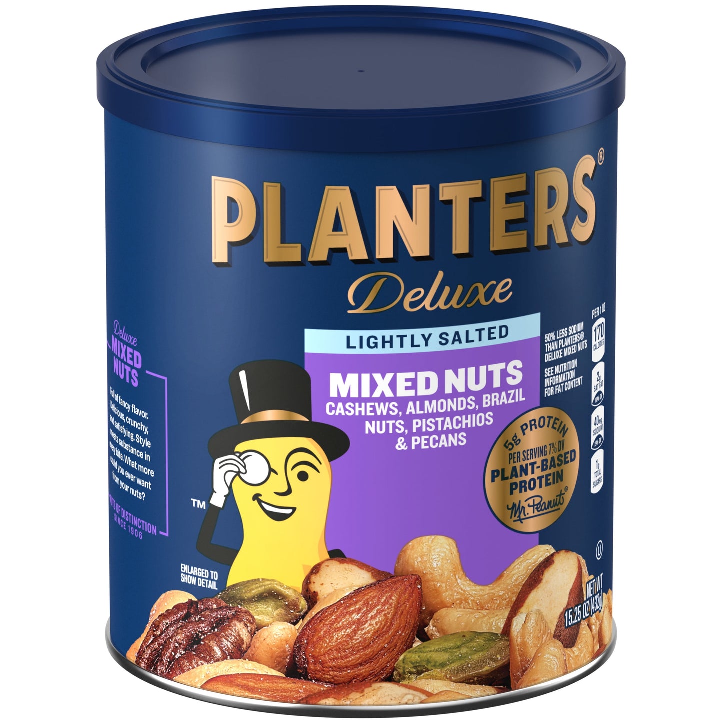 Deluxe Lightly Salted Mixed Nuts, Party Snacks, Plant-Based Protein 15.25Oz (1 Canister)