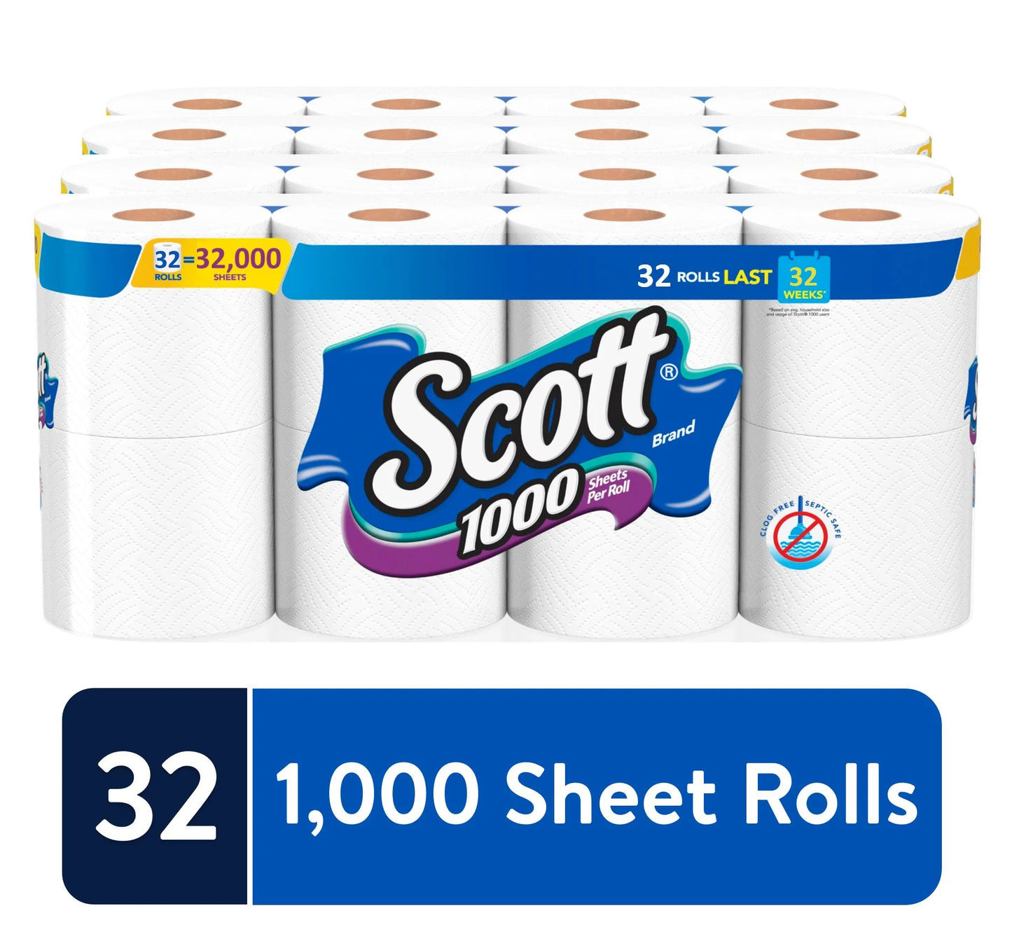 1000 Toilet Paper, 32 Rolls, 1,000 Sheets per Roll (32,000 Total)