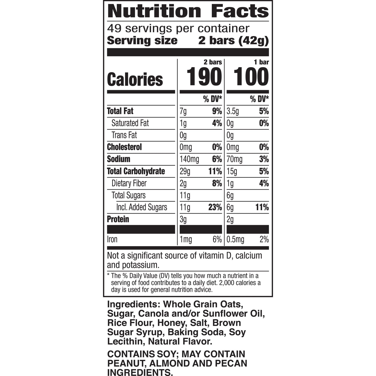 Crunchy Granola Bars, Oats 'N Honey, 98 Bars, 73.01 OZ (49 Pouches)