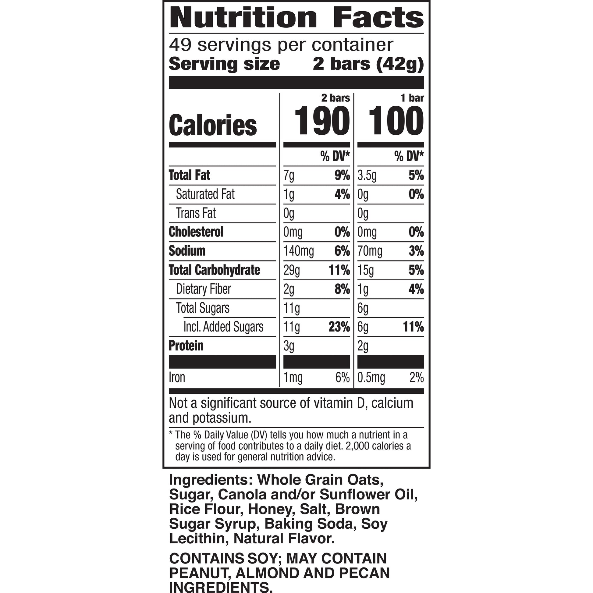 Crunchy Granola Bars, Oats 'N Honey, 98 Bars, 73.01 OZ (49 Pouches)