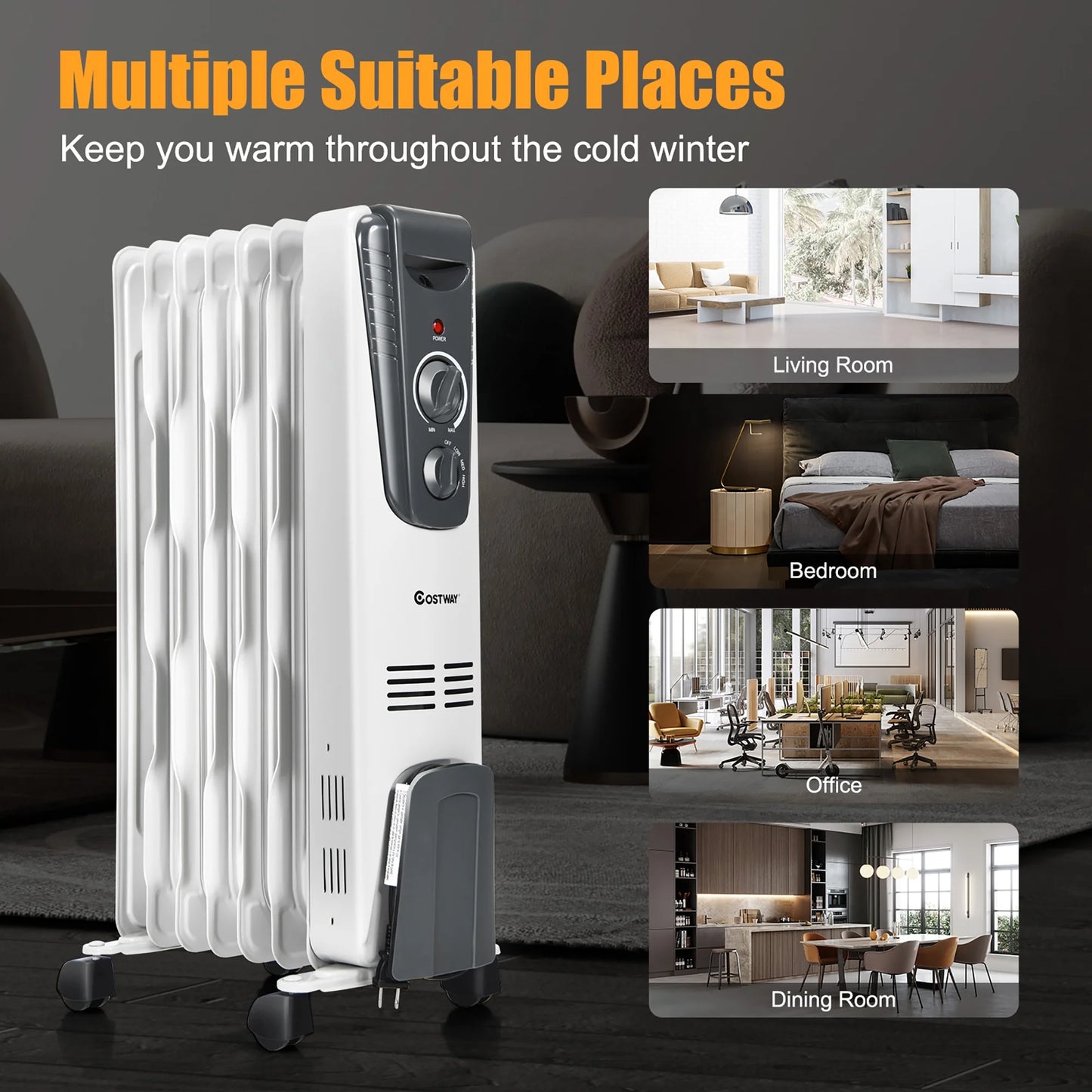 1500W Electric Oil Filled Radiator Space Heater 5.7 Fin Thermostat Room Radiant