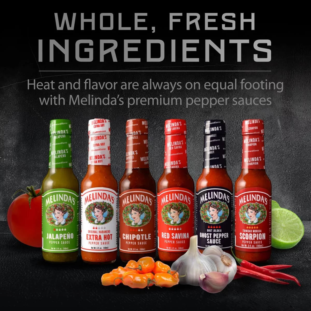 Melindas Pepper Sauce Challenge Collection - Extra Spicy Gourmet Hot Sauce Gift Set with Variety of Chile Peppers - Includes Jalapeo, Extra Hot Habanero, Chipotle, Red Savina, Ghost, Scorpion- 5 Oz,