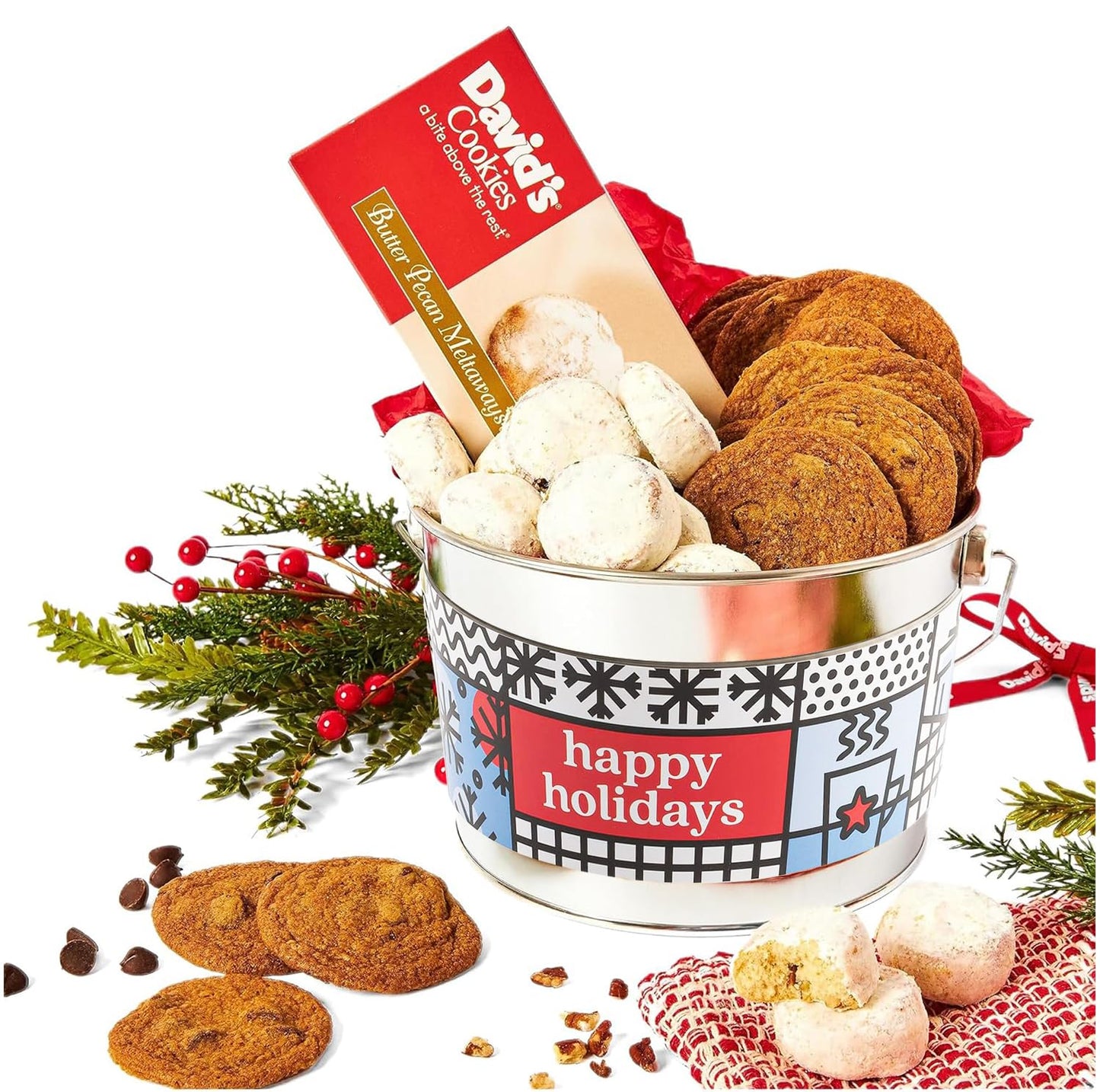 David’S Cookies Happy Holiday Assorted Cookies Bucket with Thin Crispy Cookies and Pecan Meltaways Treats – Freshly Baked and Gourmet Holiday Cookies Gift Basket - All Natural Christmas Cookies Gift