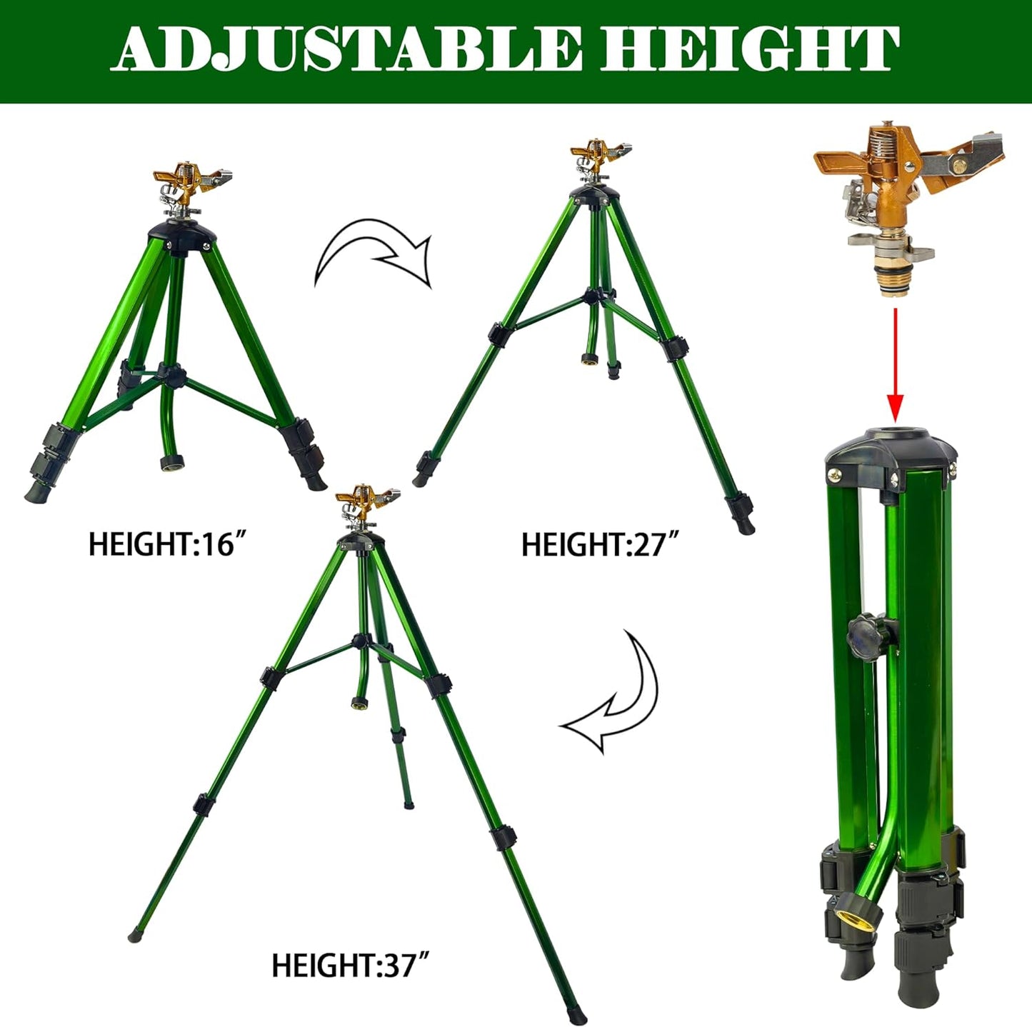 Impact Sprinkler on Tripod Base, 2 Pack Tripod Sprinklers with Brass Head, 360 Degree Large Area Irrigation with Extension Legs Flip Locks, Heavy Duty 3/4" Connector for Lawn Yard Garden