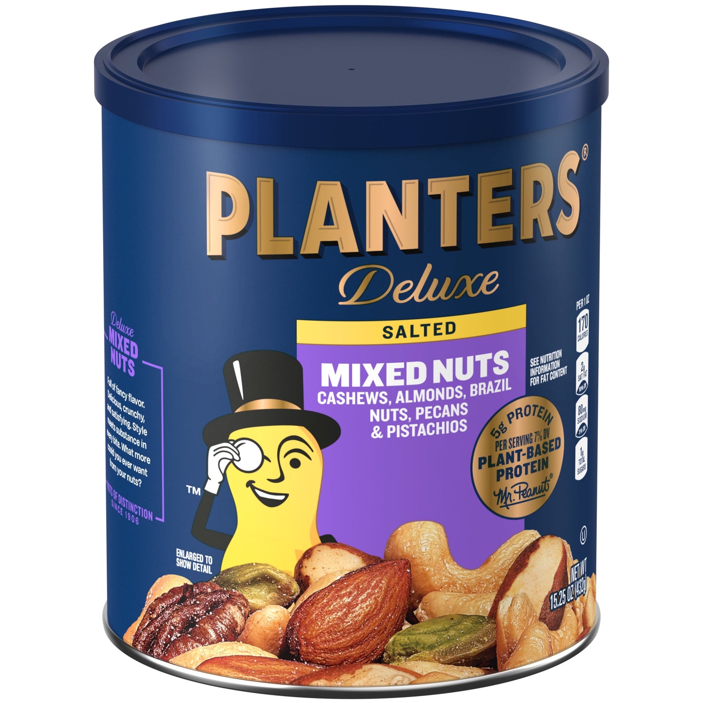 Deluxe Salted Mixed Nuts, Party Snacks, Plant-Based Protein 15.25Oz (1 Canister)