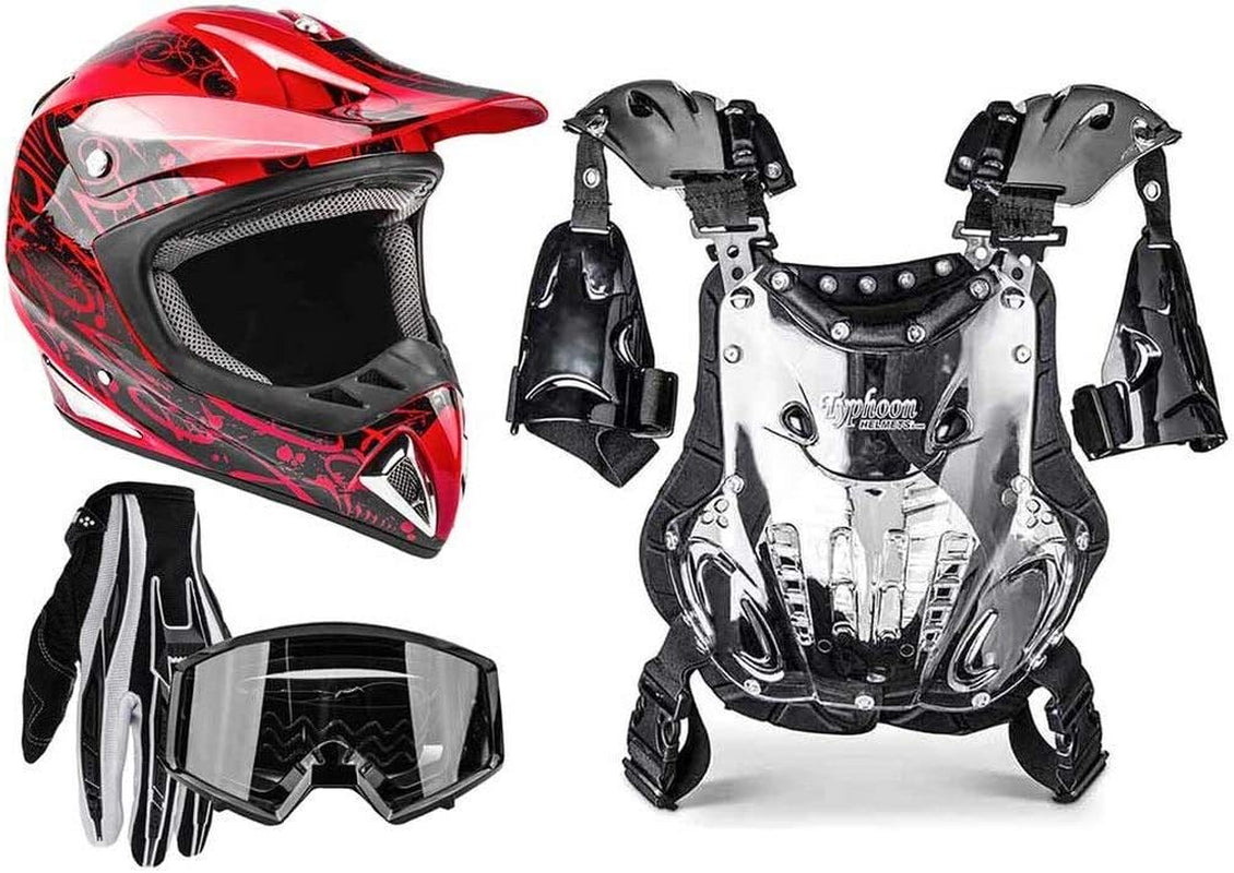 Adult Offroad Helmet Goggles Gloves Chest Protector GEAR COMBO Motocross ATV Dirt Bike RED (Medium)