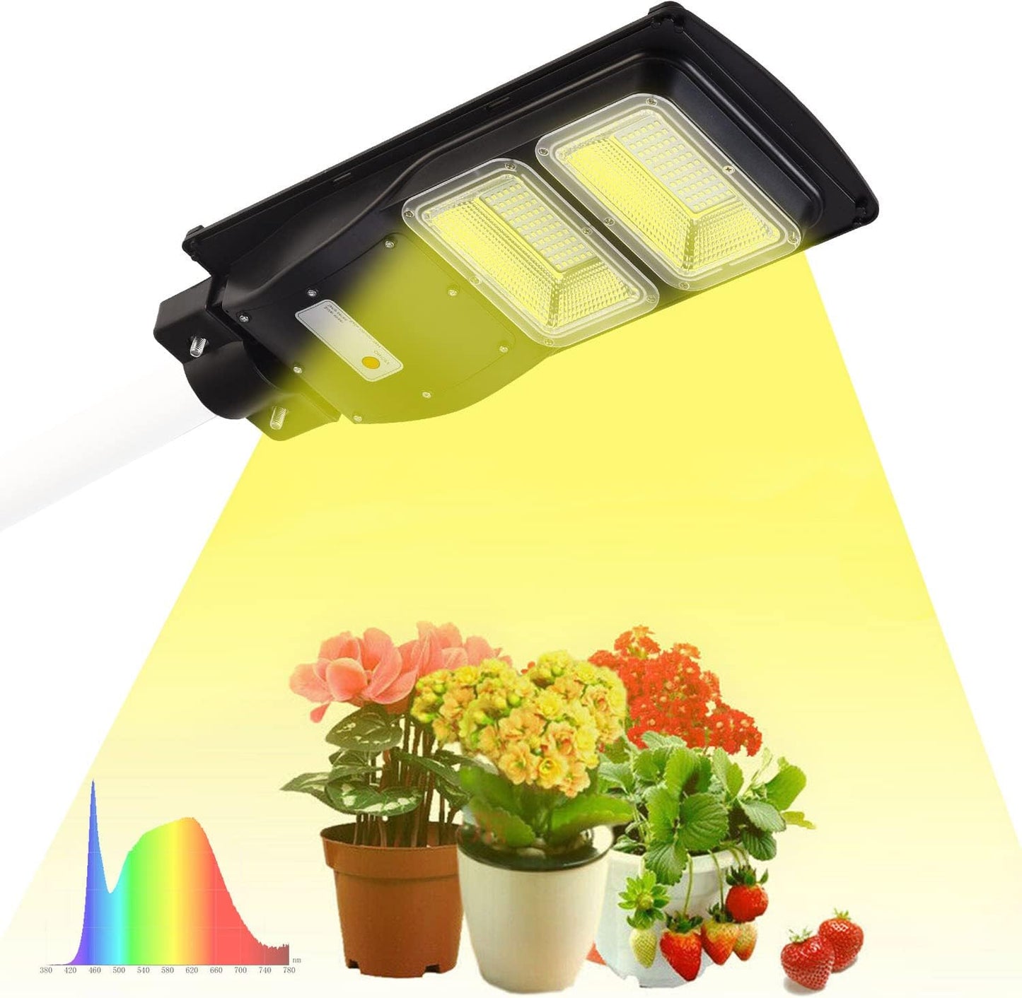 Solar Grow Lights for Outdoor Plants, Cordless Full Spectrum Growing Led Greenhouse Lamp with Timer Auto Remote Wireless Waterproof,2In1 Motion Sensor Street & Plant Light