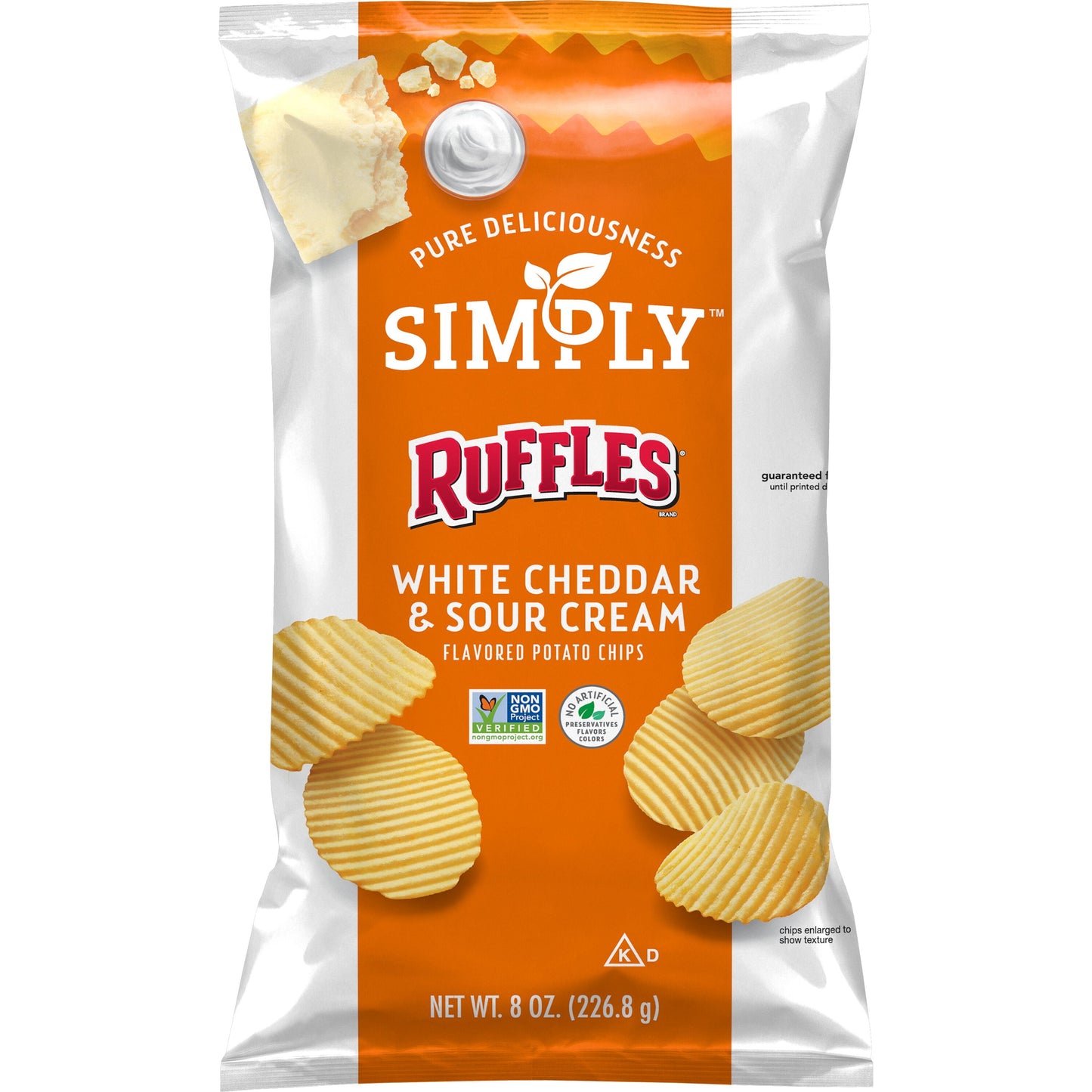 Ruffles, White Cheddar & Sour Cream Potato Chips, 8 Oz Bag, Gluten-Free, Snack Chips