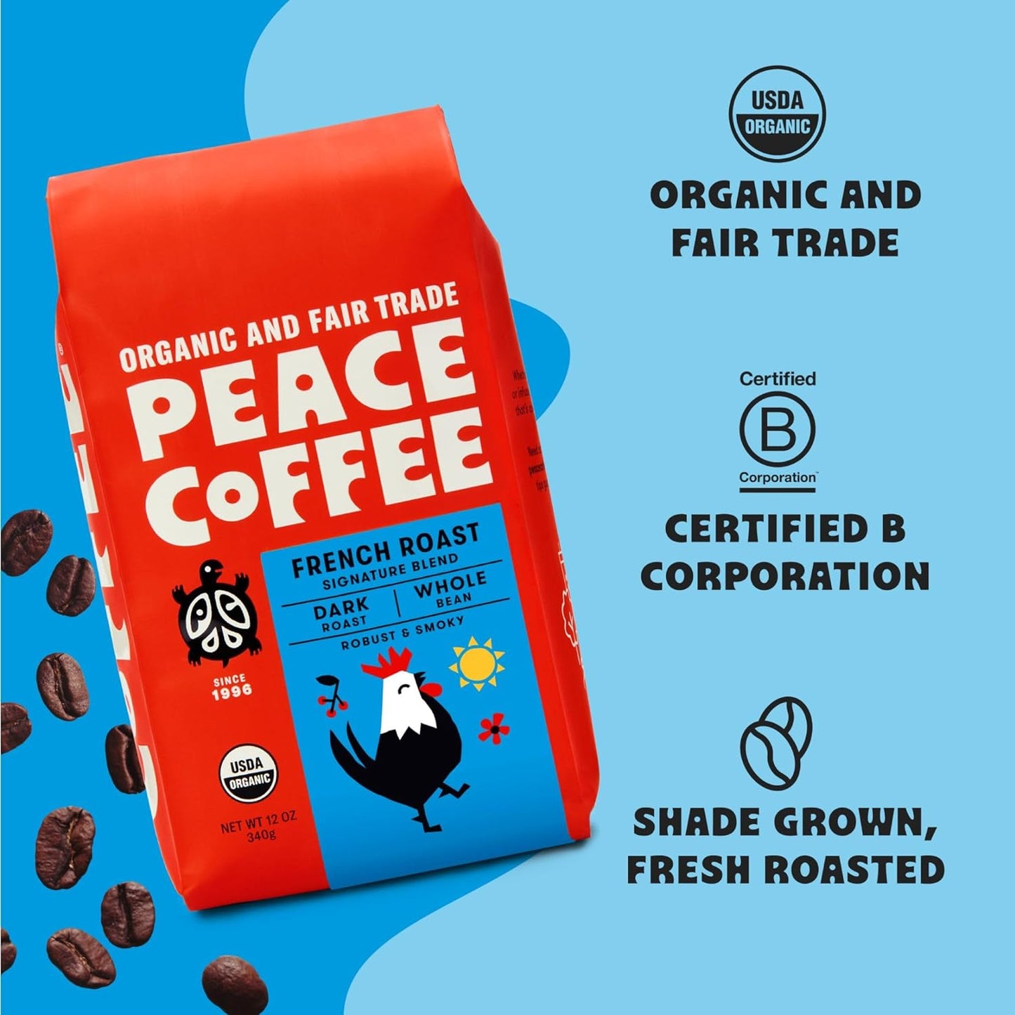 French Roast | 20 Oz Whole Bean Dark Roast | Organic Fair Trade | Soft, Gentle Flavor | Shade Grown, Fresh Roasted