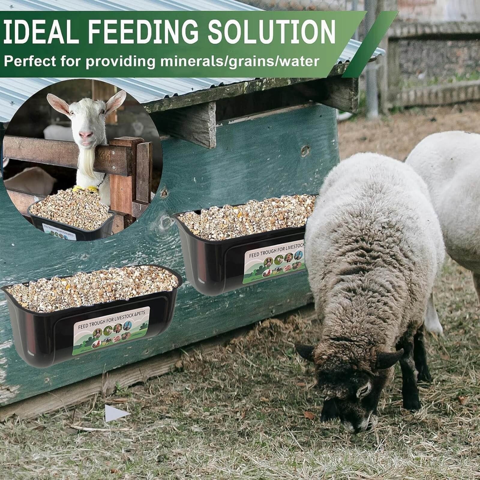 Chicken Feeder Feed Trough Hanging or Screw in Fence Feeder for Chicken Goat Duck Goose Deer Sheep Piglets Poultry Waterer Bucket Feeding Container for Livestock Goat Feeder Supplies Black