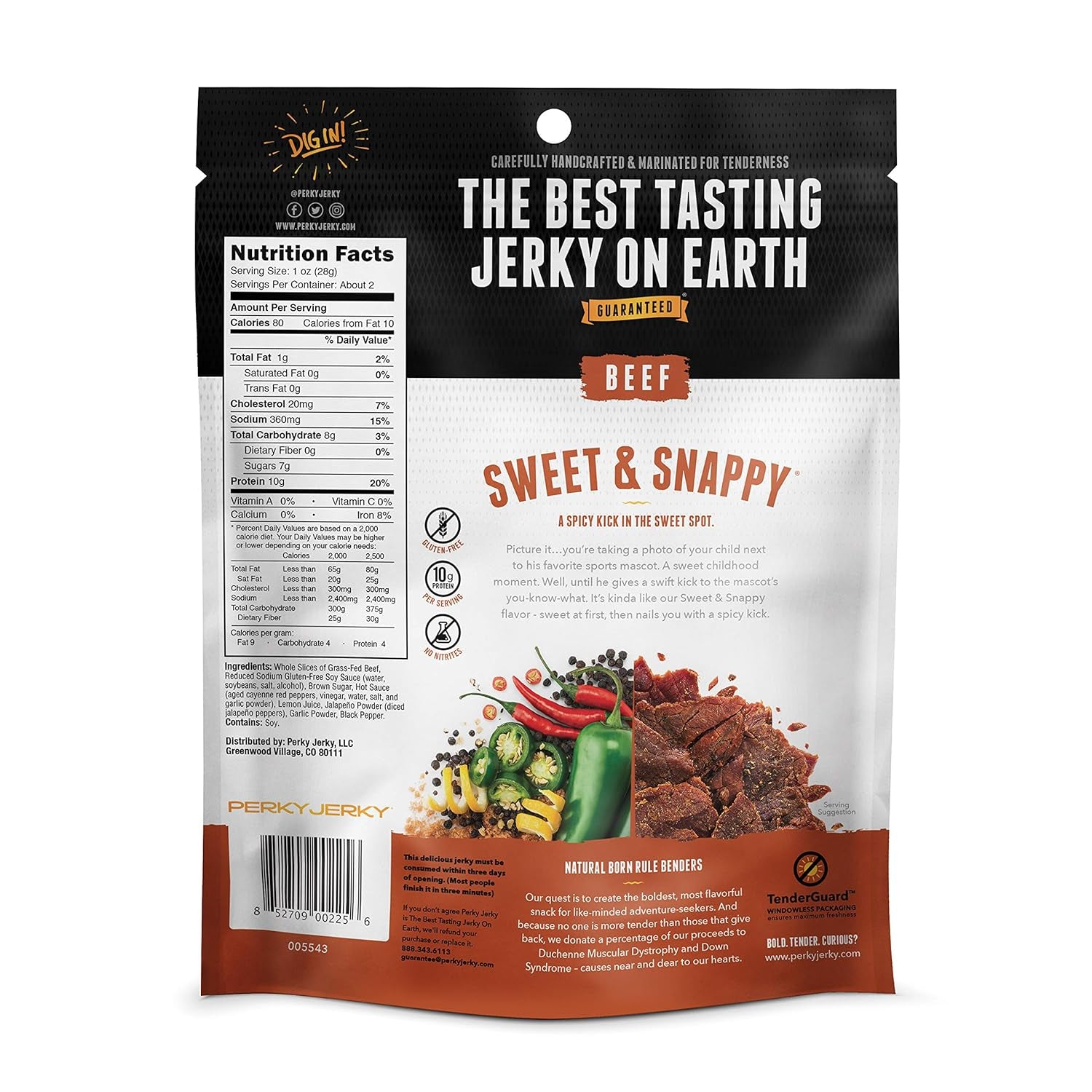 Sweet and Snappy 100% Grass Fed Beef Jerky, 2.2Oz (Pack of 12) - Antibiotic Free - 10G Protein per Serving - Low Fat - Tender Texture