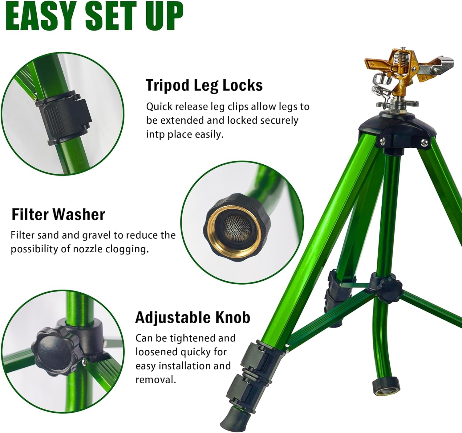 Impact Sprinkler on Tripod Base, 2 Pack Tripod Sprinklers with Brass Head, 360 Degree Large Area Irrigation with Extension Legs Flip Locks, Heavy Duty 3/4" Connector for Lawn Yard Garden