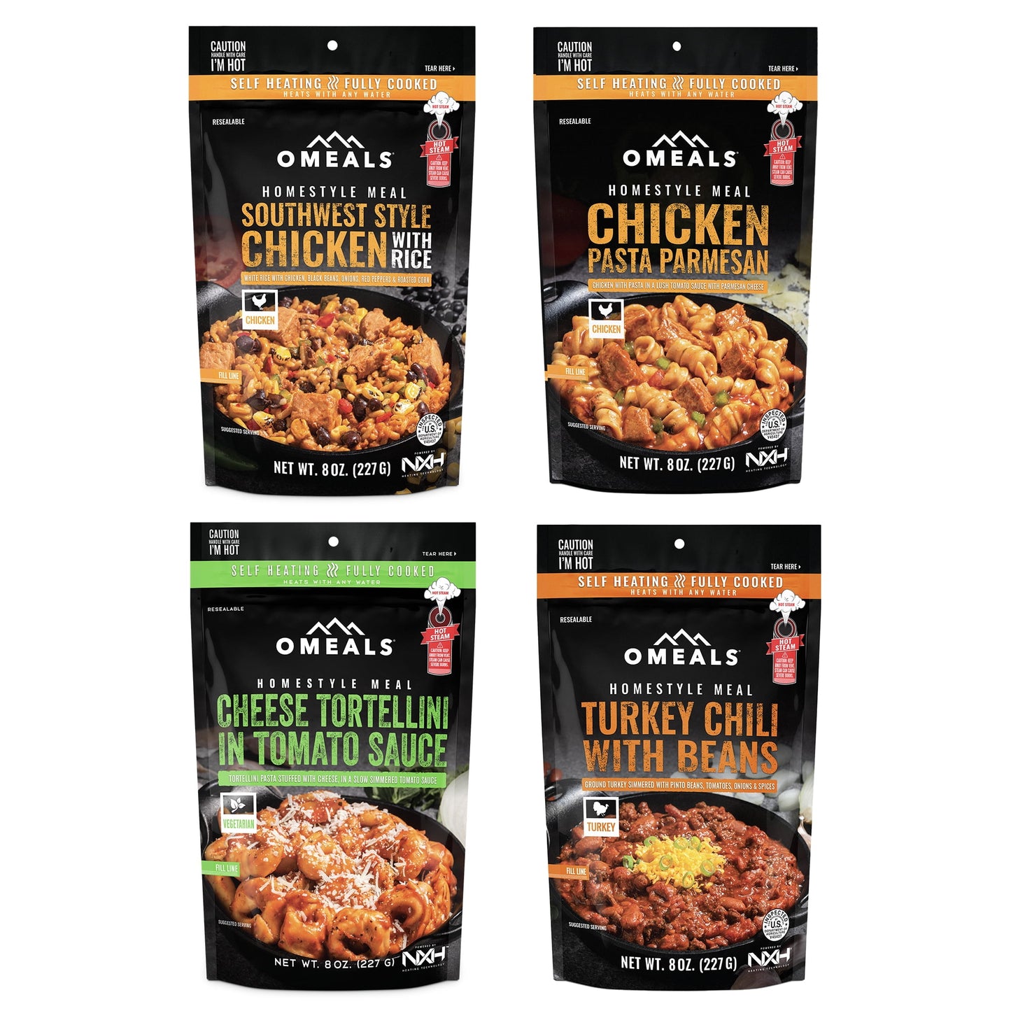 OMEALS 4 Pack Hot Dinner MRE Meals - Includes Cheese Tortellini, Turke