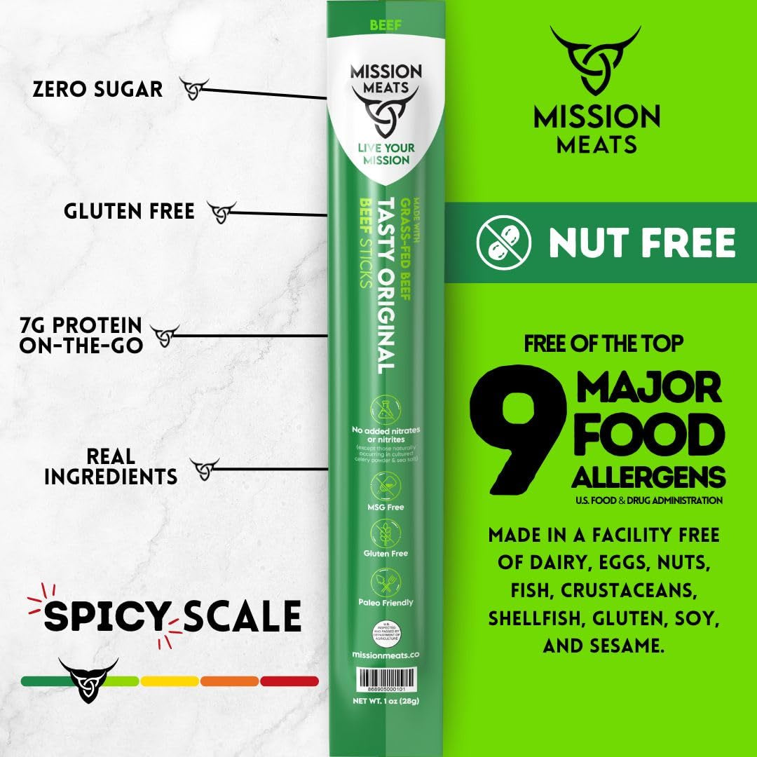 Grass Fed Beef Sticks – Sugar Free Beef Sticks, Gluten Free, Whole 30, Paleo, Keto Meat Sticks, Sugar Free Jerky Beef Sticks Individually Wrapped, 1Oz (Original, Pack of 12)