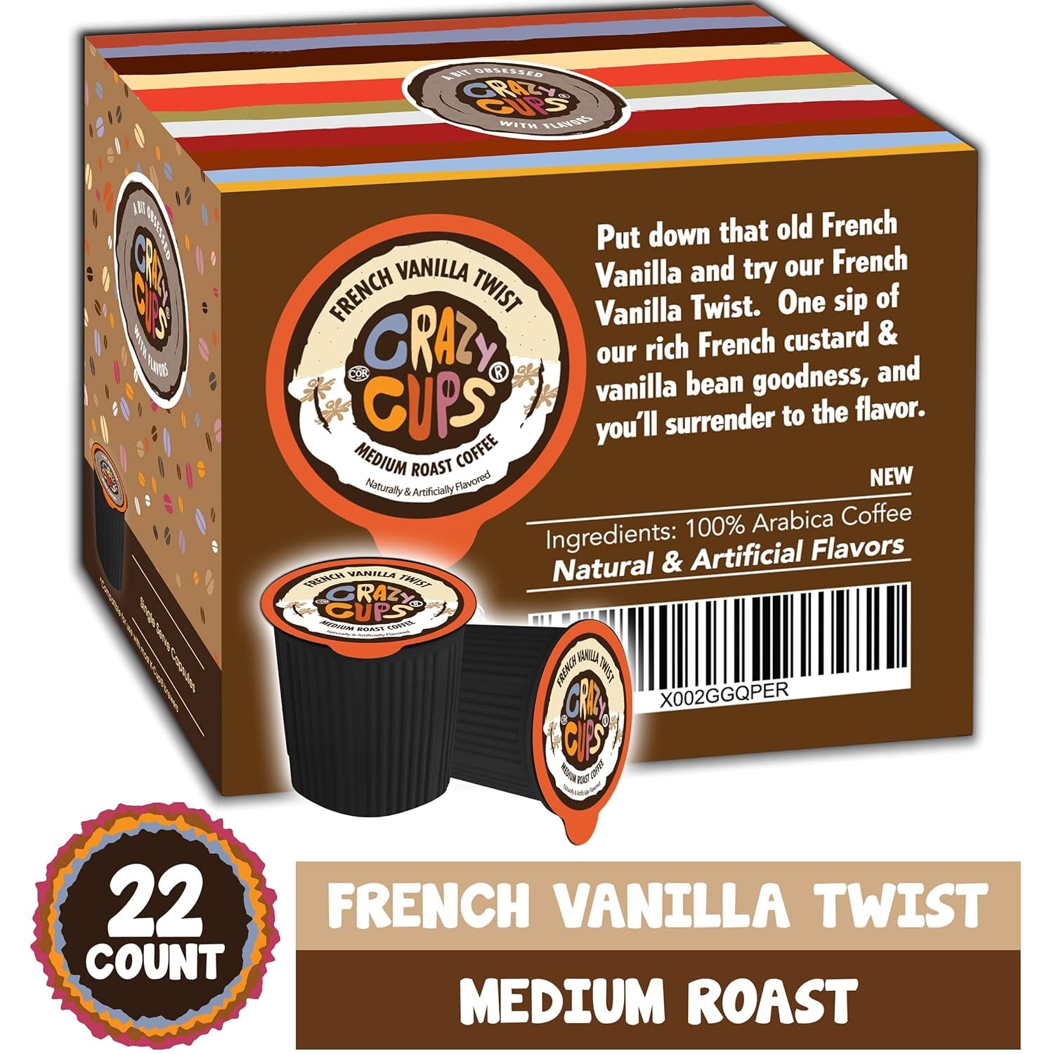 Flavored Coffee Pods, French Vanilla Twist, French Vanilla K Cups, Single Serve Coffee for Keurig K Cups Machines, Hot or Iced Coffee, Medium Roast Coffee in Recyclable Pods, 22 Count (Pack of 1)