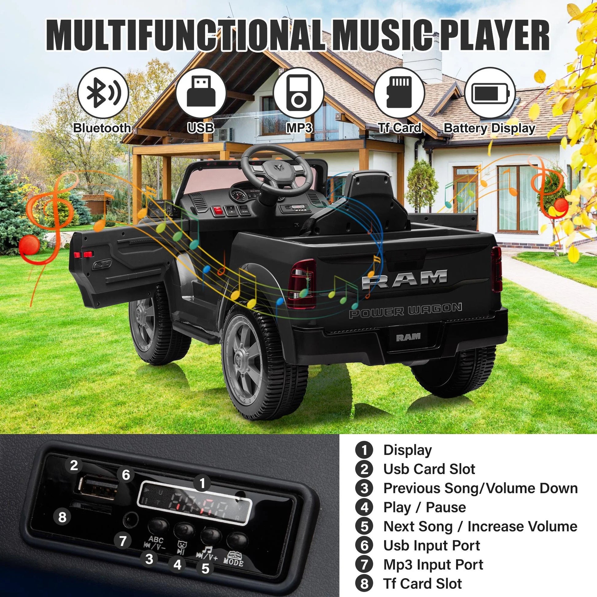 Dodge RAM Ride on Car, 12V Powered Ride on Toy with Remote Control, Rear Wheel Suspension, 5 Point Safety Belt, MP3 Player, Bluetooth, LED Lights, Electric Vehicles for 3-8 Years Boys Girls, Blue