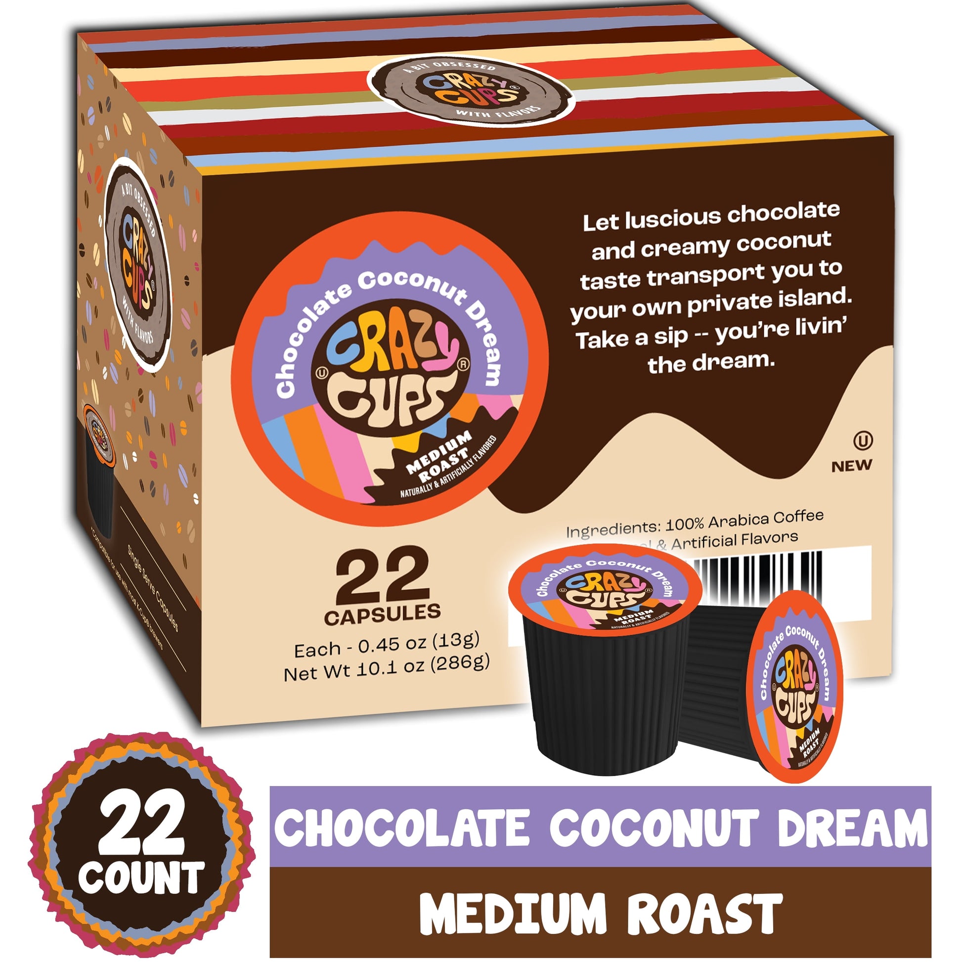 Chocolate Coconut Dream Coffee Pods, Medium Roast, 22 Count for Keurig K-Cup Machines