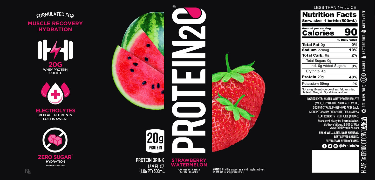 20G Whey Protein Infused Water plus Electrolytes, Strawberry Watermelon, 16.9 Fl Oz (Pack of 12)