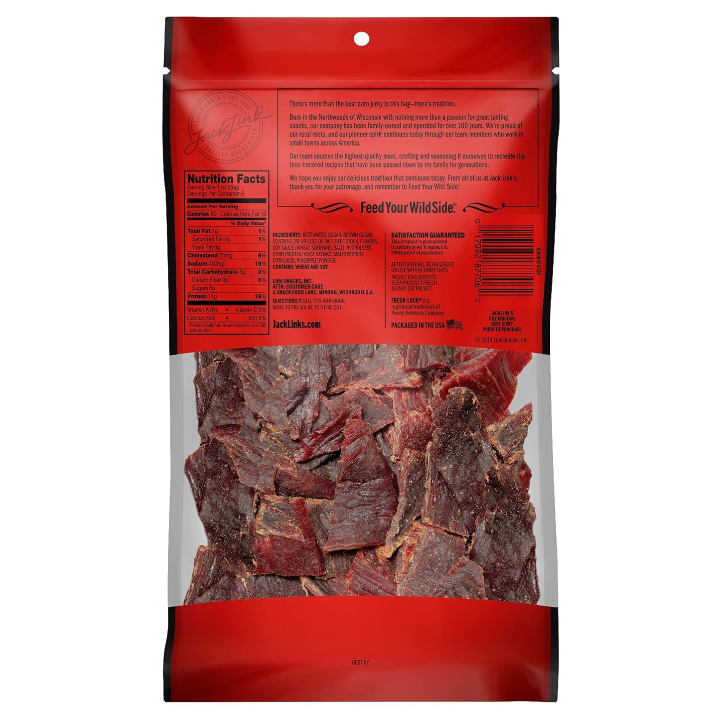 Beef Jerky, Original, 1/2 Pounder Bag - Flavorful Meat Snack, 10G of Protein and 80 Calories, Made with Premium Beef - 96% Fat Free, No Added MSG** or Nitrates/Nitrites, 8Oz
