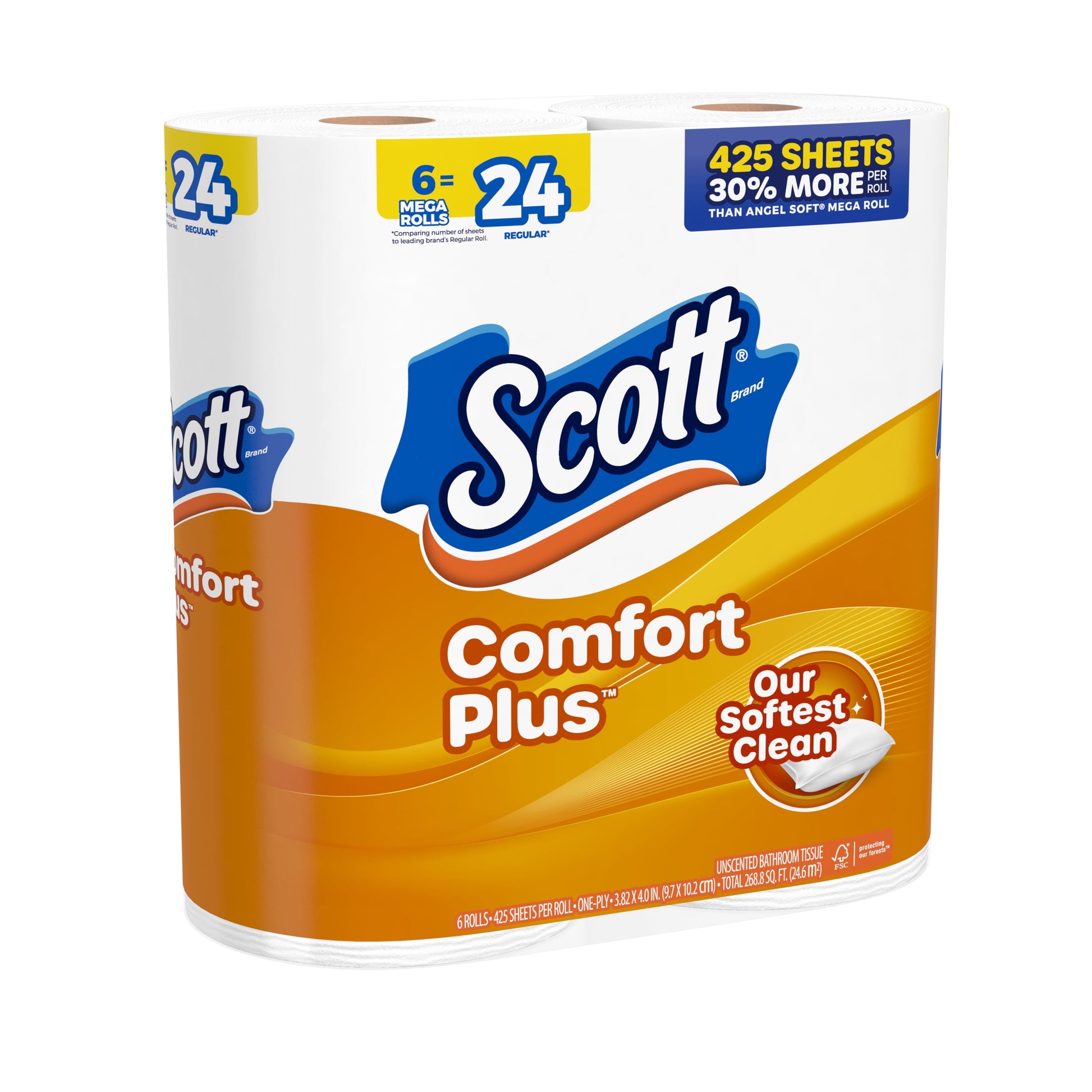 Comfortplus Toilet Paper, 6 Mega Rolls, 425 Sheets per Roll, Septic-Safe, 1-Ply Toilet Tissue