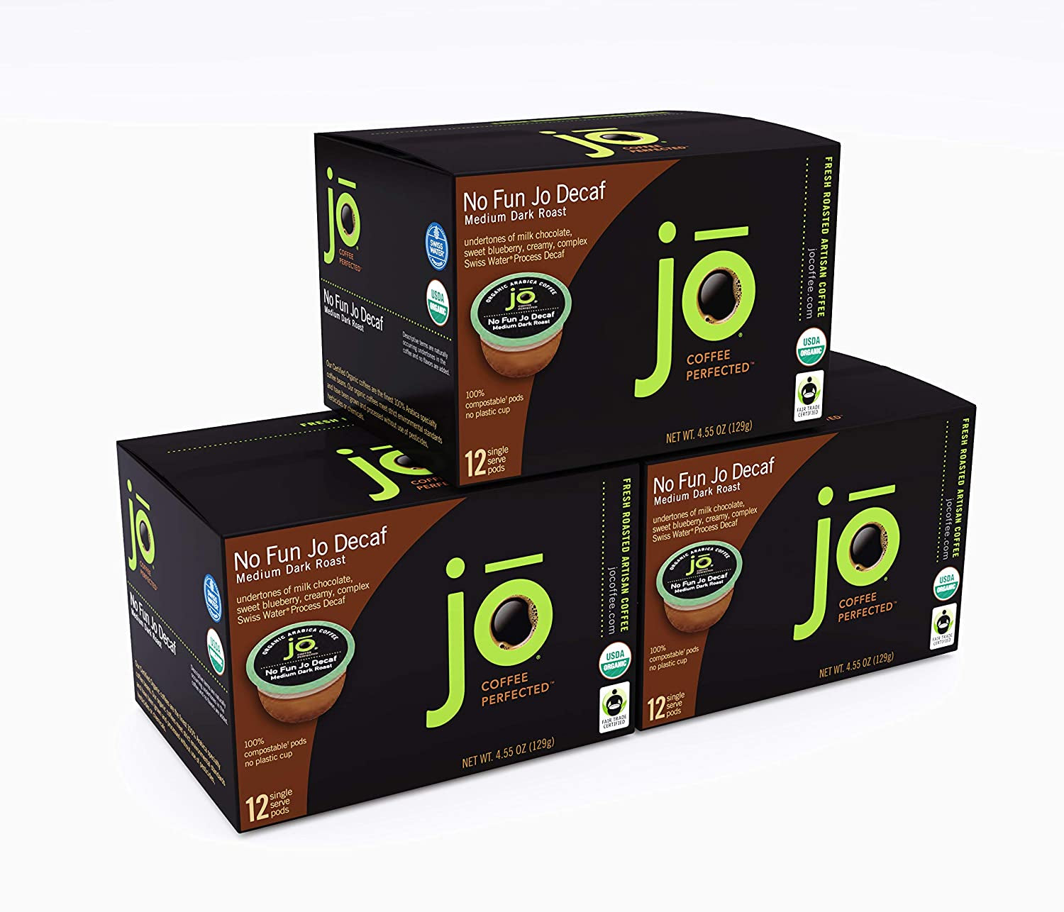 No Fun Jo Decaf: 72 Organic Compostable Pods for Keurig K-Cup Compatible Brewers, Swiss Water Process Single Serve Coffee Medium/Dark Roast Fair Trade