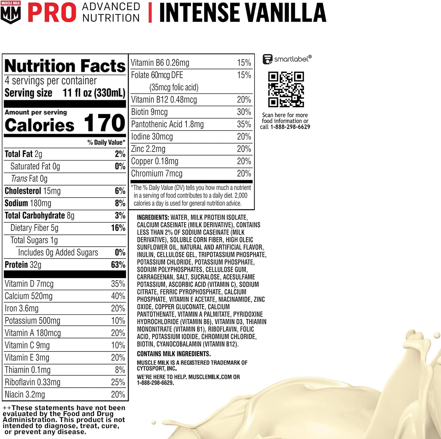 Pro Advanced Nutrition Protein Shake, Intense Vanilla, 11 Fl Oz Carton, 12 Pack, 32G Protein, 1G Sugar, 16 Vitamins & Minerals, 5G Fiber, Workout Recovery, Packaging May Vary