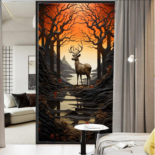 Vintage Deer Window Film Decorative Mountain Forest Tree Rustic Animal Stained Glass Window Film Sun Blocking Heat Control No Glue Window Covering Film for Home Office 23.6Wx35.4L Inch