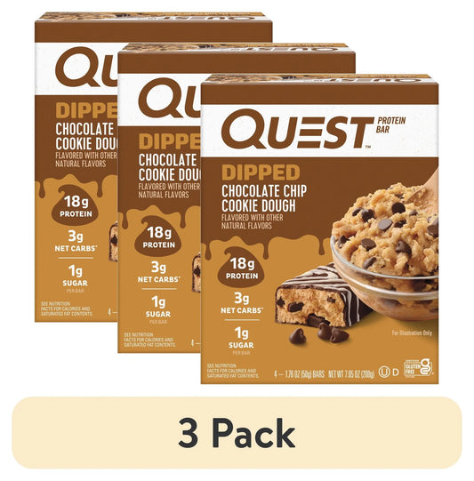 (3 Pack)  Dipped Protein Bars, Low Sugar, High Protein, Chocolate Chip Cookie Dough, 4 Count