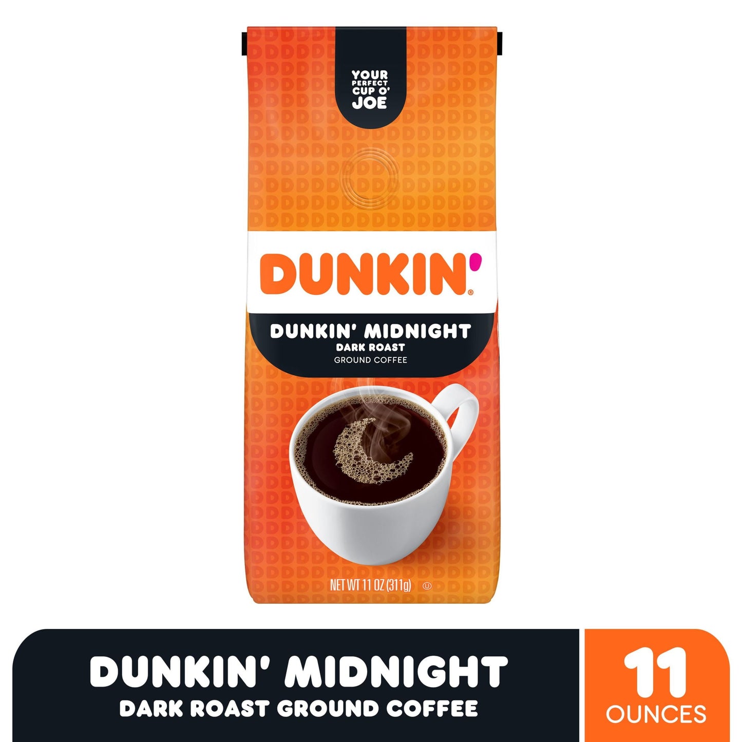 (3 Pack) Dunkin’ Midnight Dark Roast Ground Coffee, 11 Oz. Bag