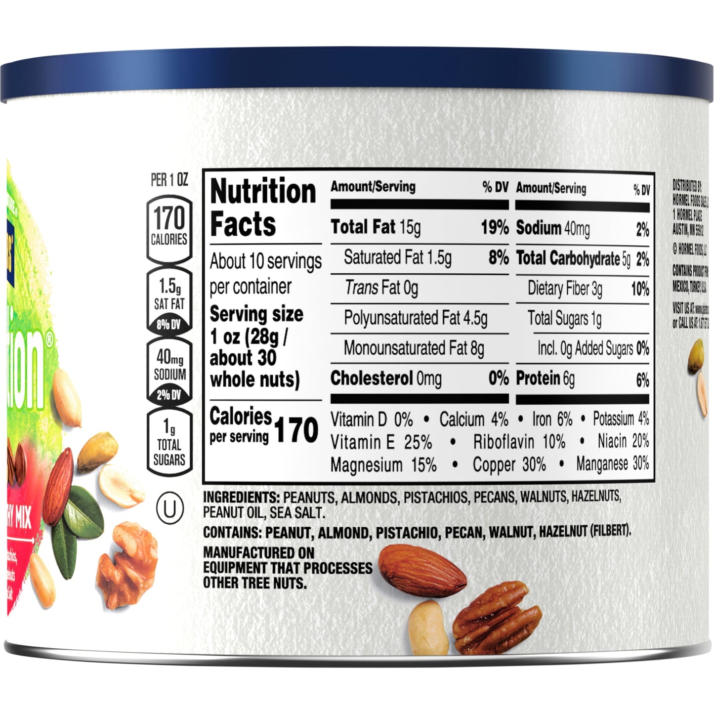 NUT-RITION Heart Healthy Nut Mix with Peanuts, Almonds, Pistachios, Pecans, Walnuts, Hazelnuts Sea Salt, 9.75 Oz Canister