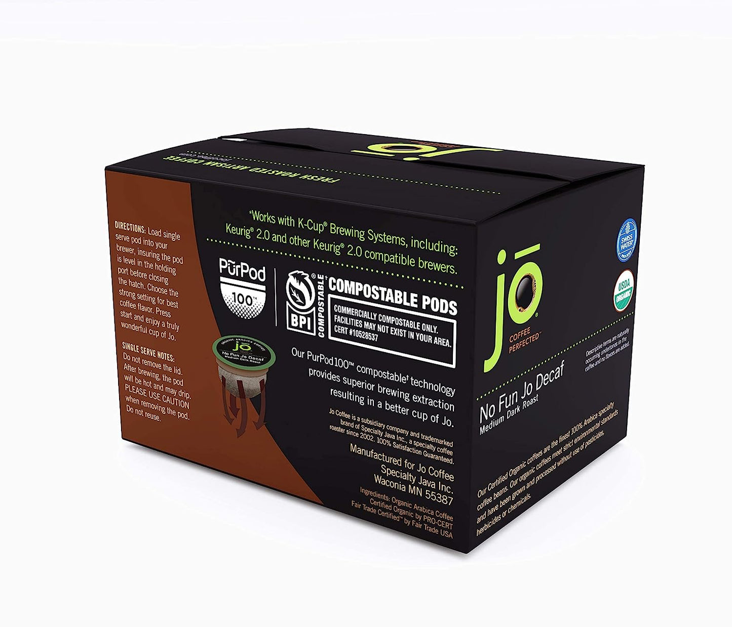 No Fun Jo Decaf: 12 Organic Compostable Pods for Keurig K-Cup Compatible Brewers, Swiss Water Process Single Serve Coffee Medium/Dark Roast Fair Trade